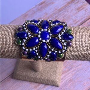 VINTAGE BRASS METAL JOIA CUFF BRACELET FLORAL BEADED STONE BLUE